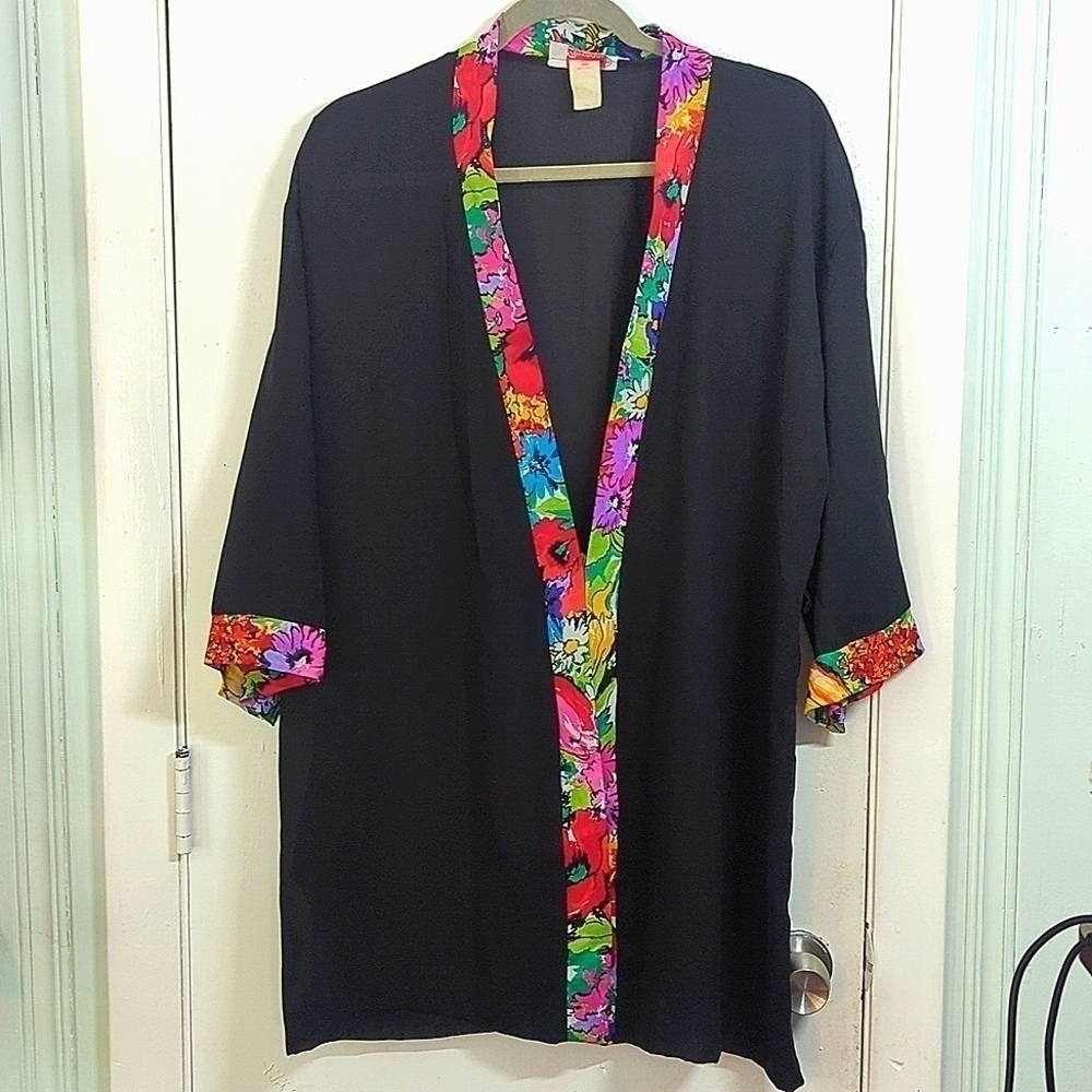 Euc Vintage Roxanne brand Sheer Robe - Neon Floral Trim w/ POCKETS! Sz S/open